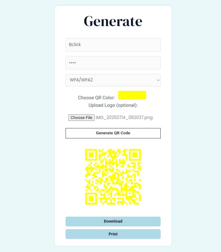 Free QR code generator for WiFi networks interface on bclick.com.ng.